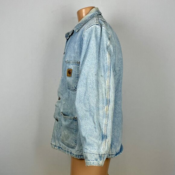 Vtg Carhartt CB0408 Blanket Lined Denim Chore Jacket Sz L Distressed Farmcore - Picture 7 of 12